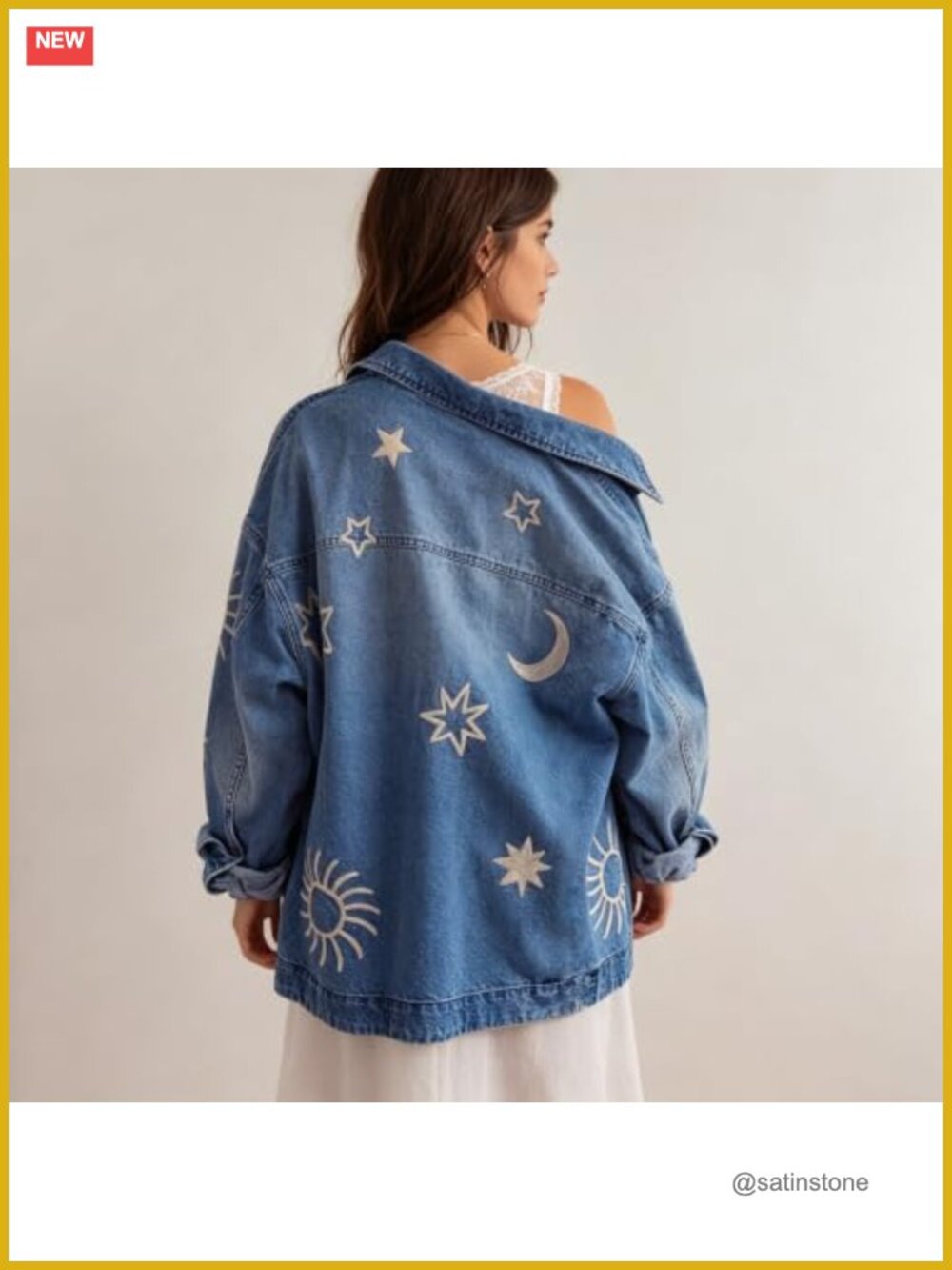 Oversized Embroidered Denim Jacket Button Down Loose Fit Jean Jacket - Picture 5 of 6